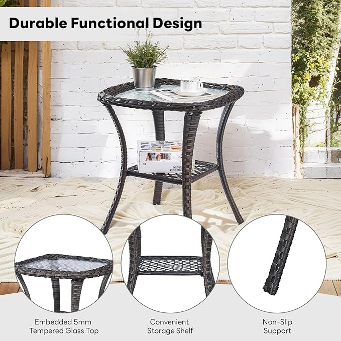 Belord Outdoor Furniture Set Patio Wicker Chairs, 3 Peices Porch Rattan Furniture with Side Table, Deep Seating Patio Bistro Chair Sets (Blue Cushion)