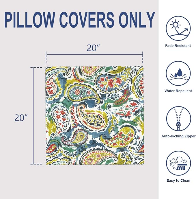 Outdoor 20x20 Inch Pack of 2 Patio Throw Pillow Covers ONLY, Water Repellent Cushion Cases, Square Pillowcases for Outdoor Couch Decoration, Paradise Paisley