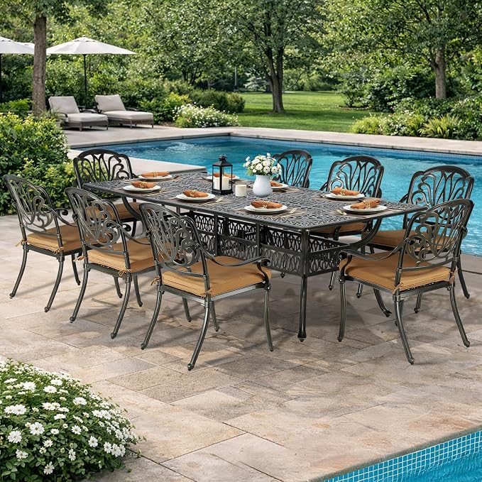 VIVIJASON 94.5" Patio Dining Table for 8-10 People, Large Rectangle Cast Aluminum Dining Table with 2" Umbrella Hole, Weather-Resistant Patio Dining Table for Deck Garden Backyards, Dark Bronze