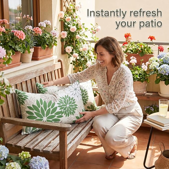 Dahlia Flowers Throw Pillow Covers 12×20 Inches Pack of 2 Outdoor Waterproof Pillow Case Green and Grey Decorative Cushion Covers With Invisible Zipper for Patio Furniture Sofa Garden Living Room