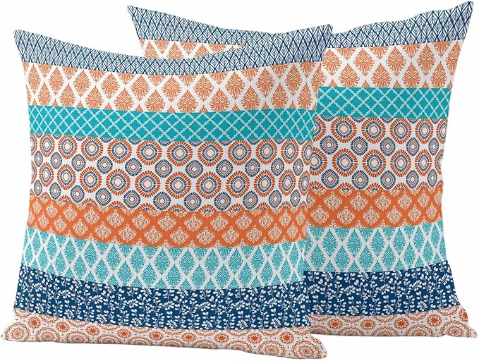 Geometric Bohemia Outdoor Pillow Covers Set of 2 Stripes Orange Turquoise and Blue Waterproof Throw Pillow Cover Decorative Cushion Cases for Patio Porch Garden 20X20 Inch