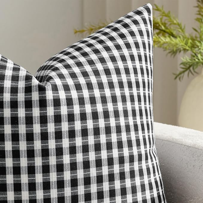 Black and White Plaid Outdoor Throw Pillow Covers 20x20 Set of 2, Waterproof Farmhouse Pillow Cases, Modern Gingham Decorative Cushion Covers for Patio Furniture Garden