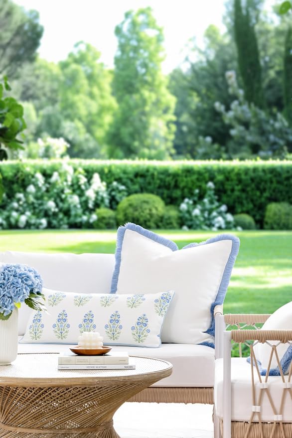 Hofdeco Premium Coastal Grandmillennial Patio Indoor Outdoor Lumbar Pillow Cover Only, 12"x26" Water Repellent for Backyard, Couch, Poolside, Baby Blue Print Flower