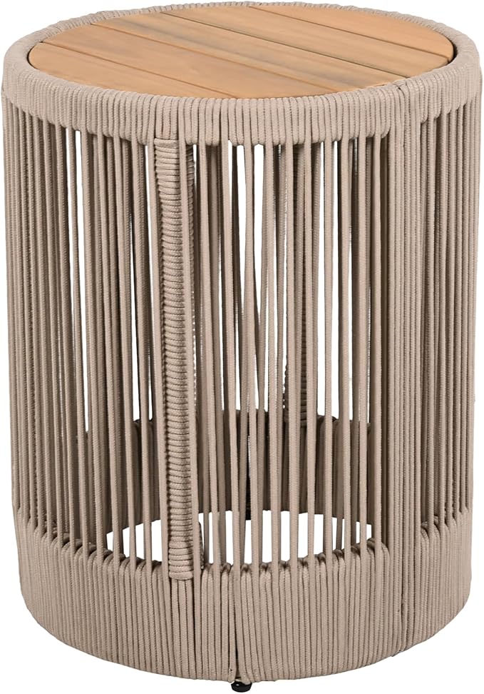 Christopher Knight Home Peyz Acacia Wood Outdoor Side Table Set of 2 with Woven Rope Design, Patio Round Coffee Table Set with Small Side Desk, Functionality Stylish 2 Tables for Garden, Teak + Beige