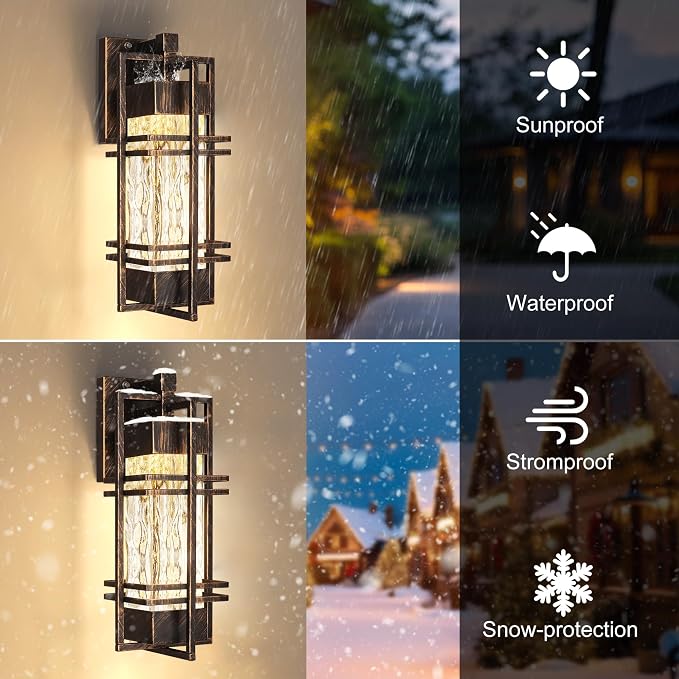 WIHTU 15'' Dusk to Dawn Outdoor Wall Lantern, Porch Light, Gold-Swept Black | Rustproof Metal Frame, Water Ripple Glass, T30 Bulb Included, E26 Bulb,2700K Warm Light, Patio Light for Front Door