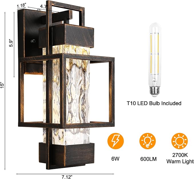 Modern Outdoor Light Fixture Dusk to Dawn Outdoor Lighting, 15" H Exterior Wall Sconce Waterproof Porch Light, Outside Light for House with Water Glass for Garage Doorway Black Brushed Gold