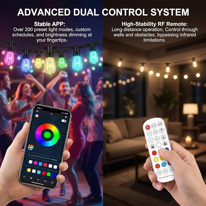Outdoor String Lights 100FT, RGBW Clear ST14 Bulbs with App Control | 40 ST14 clear bulbs from 2×50FT connected strands with app control, remote control, music mode, timer for large spaces