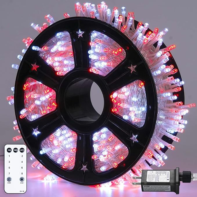 JMEXSUSS163ft 500 LED Red and White Christmas Lights Plug in with 8 Modes | String Lights with Remote Control, Clear Wire Christmas String Lights Outdoor Waterproof for Outside Tree Yard Wedding