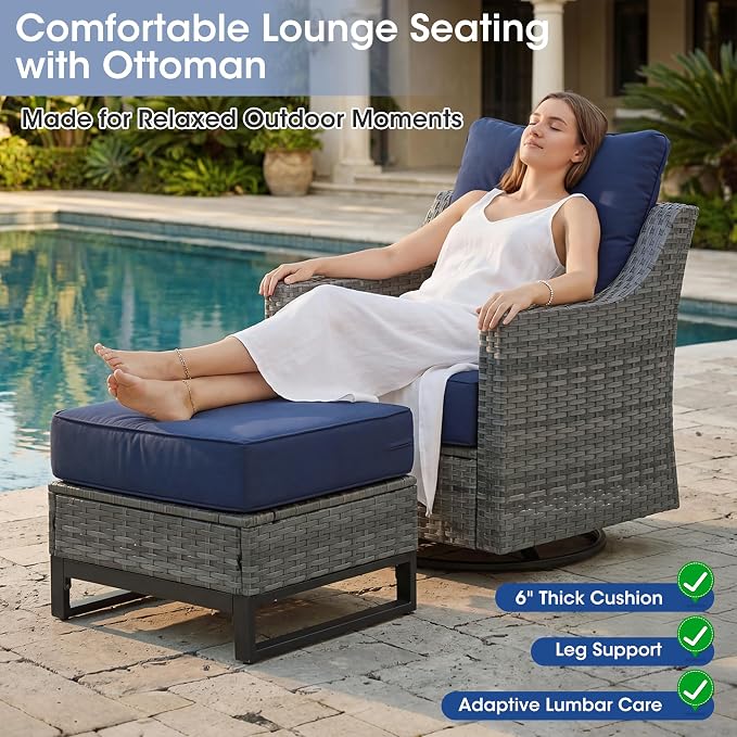 5 Piece Patio Furniture Set, Grey Wicker Outdoor Conversation Set with 2 Wicker Chairs, Side Table and 2 Ottomans, 6-Inch Thick Cushions, Blue Olefin Covers for Patio and Porch