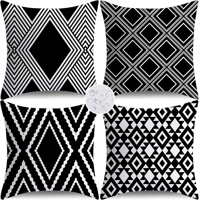 NIGHTWISH Outdoor Waterproof Pillow Covers 20x20 Set of 4 Black and White Modern Geometry Decorative Outdoor Throw Pillows Boho Cushion Cases for Patio Furniture Bench Couch Sunbrella