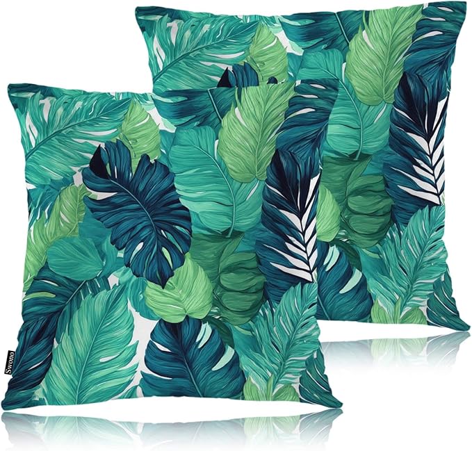 Swono Palm Leaves Bed Pillow Covers, Tropical Beach Turquoise Green Palms Decorative Throw Pillow Cover Cushion Case for Sofa Bed Living Room Farmhouse Decorations, 18"X18" 2 Pieces Pillowcases