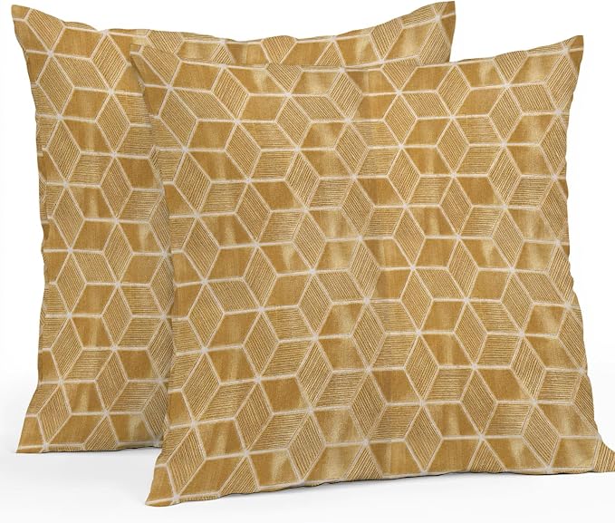 Tan Honeycomb Tiling Waterproof Outdoor Pillow Covers Set of 2 Home Decor, Wooden Grain Blocks Pillowcase Patio Pillow Covers for Couch Bench Patio Furniture Garden 24x24in