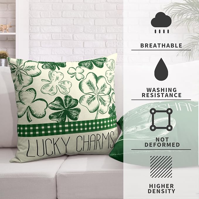 St Patricks Day Hello Shamrocks Pillow Covers 20x20 Green Lucky Charm Cushion Case Clover Hat Cotton Linen Pillowcase for Living Room March Holiday Decor Set of 2