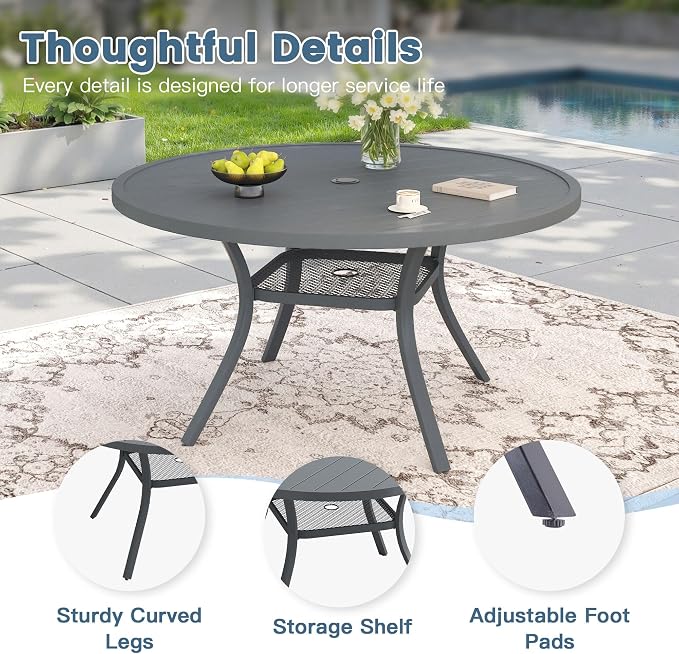 DIFY 7 Piece Outdoor Dining Set, 48" Round Metal Patio Table and Textilene Stackable Chairs for 6, All Weather Patio Furniture Set with Umbrella Hole for Backyard Garden Deck, Grey