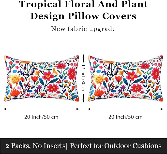 Outdoor Pillow Covers 12x20 Inch Set of 2 Floral Printed Boho Throw Pillows Cases Waterproof Square Garden Cushion Sham for Spring Summer Patio Funiture Tent Balcony Bench Sofa Couch
