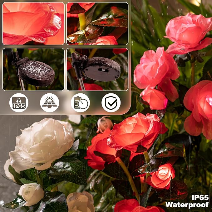 Anordsem Solar Garden Lights Outdoor: Waterproof Fabric Roses - Red LED Flower Decorations for Yard Patio Path Cemetery Grave - Birthday Gifts for Women Mom Wife - 6 Pack Red