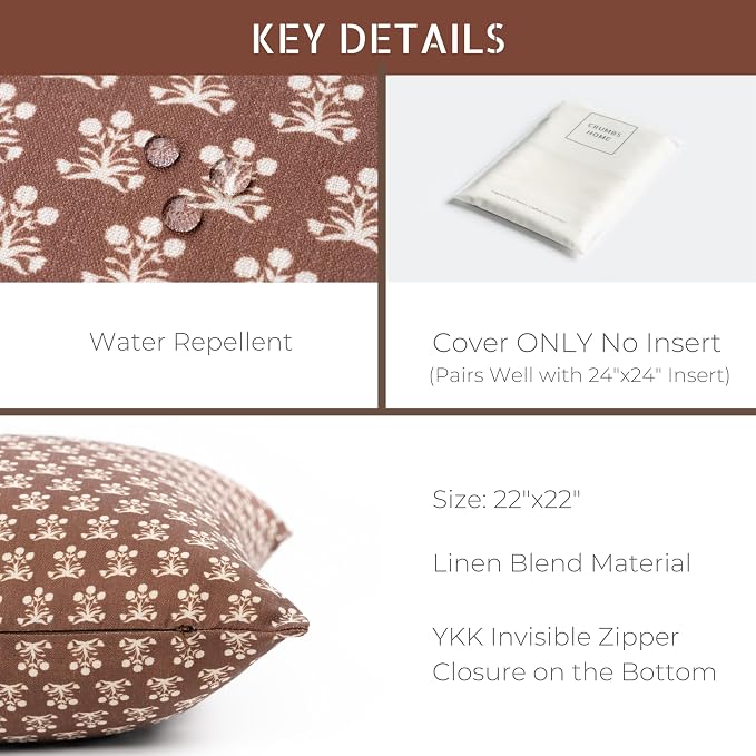Crumbs Home Modern Farmhouse California Casual Indoor Outdoor Throw Pillow Cover, 22"x22" Water Repellent for Patio, Backyard, Couch, Poolside, Earth Tone Cocoa Brown Block Print Floral