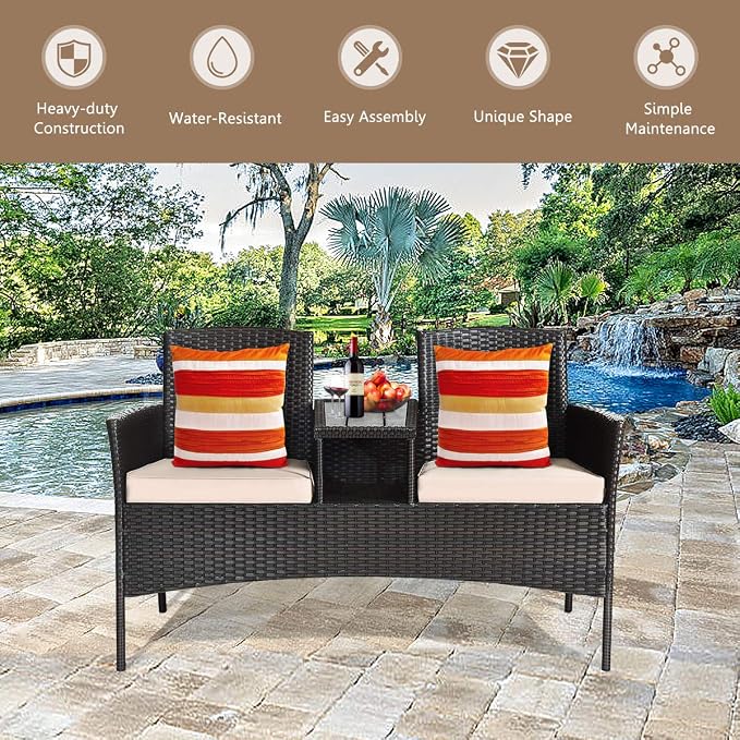 HAPPYGRILL Outdoor Loveseat with Removable Cushions and Coffee Table, Rattan Patio Wicker Conversation Set for Garden Lawn Backyard