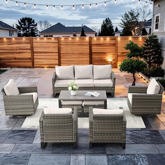 HUMMUH 8 Piece Patio Furniture Set All Weather Wicker Outdoor Sectional Sofa with Patio Chairs,Patio Swivel Glider Chairs Ottomans Coffee Table for Porch,Garden,Backyard