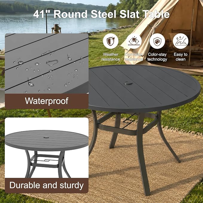 Patio Dining Table for 4,Steel Slatted Round Outdoor Table with Adjustable Umbrella Hole,41",Black