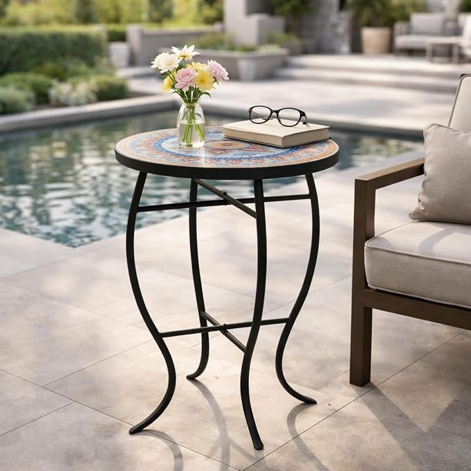 Colorful Floral Mosaic Tile Round Side Table, Boho Patio End Table with Curved Black Wrought Iron Legs, Weather Resistant Accent Table for Balcony Backyard Porch Living Room
