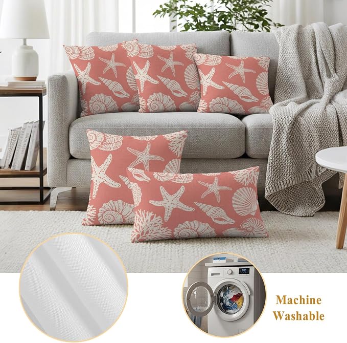 Waterproof Pillow Covers Set of 2 20x20 Inch Ocean Coastal Outdoor Cushion Covers Shells Starfish Conch Coral Red Linen Decorative Pillow Cases for Patio, Sofa, Couch, Garden, Balcony