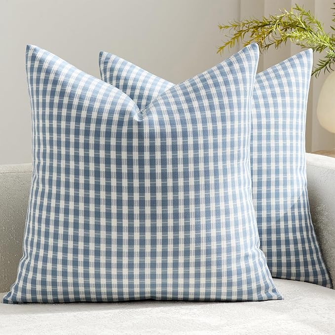 Light Blue and White Outdoor Waterproof Throw Pillow Covers 20x20 Set of 2, Gingham Couch Pillow Cases, Plaid Farmhouse Cushion Covers for Patio Summer Coastal Decor