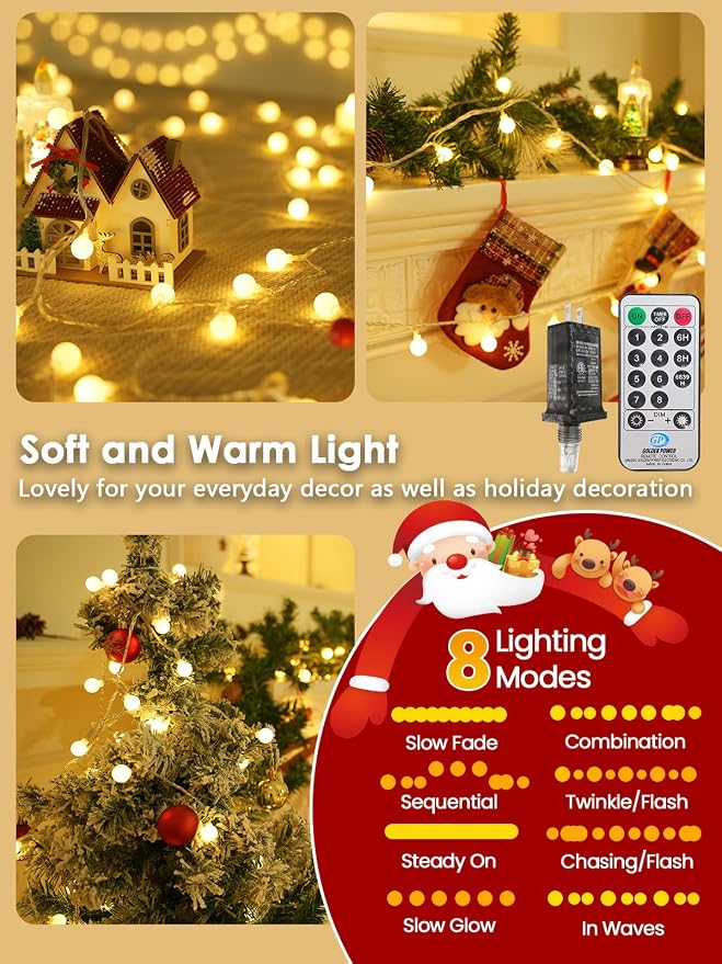 2PK 200LED 86FT Connectable Globe String Lights Indoor Bedroom Warm White | Classroom String Lights Plug in, 8 Modes & Remote, Hanging Fairy Light for Classroom Christmas Room Party Outdoor Decor