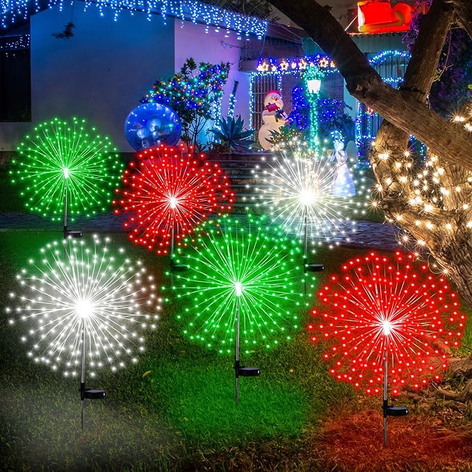 Tujoe 9 Pcs Christmas Solar Firework Stake Lights 180 LED 8 Modes Solar Waterproof LED Sparkler Lights Outdoor Decoration for Garden Patio Yard Pathway Walkway Lawn (Red Green White)