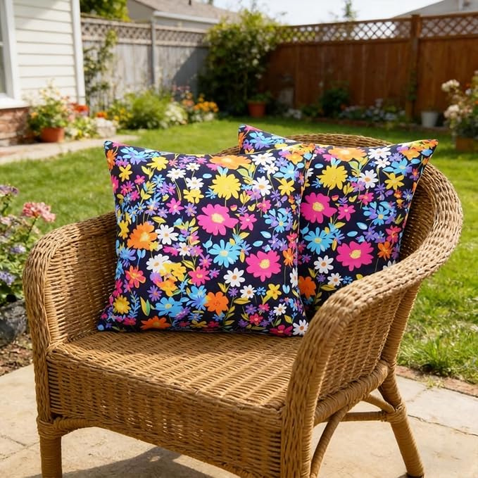 ONWAY Outdoor Floral Pillow Covers 18X18 inch Set of 2 Waterproof Yellow and Pink Flowers Black Decorative Throw Pillowcases for Patio Furniture Garden Spring Summer Cushion Cover
