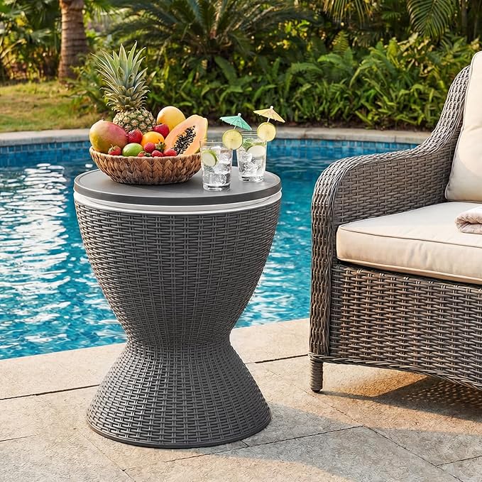 Tangkula Outdoor Cooler Table, Multi-Functional Cooler Bar Table, Adjustable Height Ice Cooler Side Table w/Drain Plug, 8 Gallon Beer & Wine Cooler, Rattan Style Patio Furniture for Pool Parties