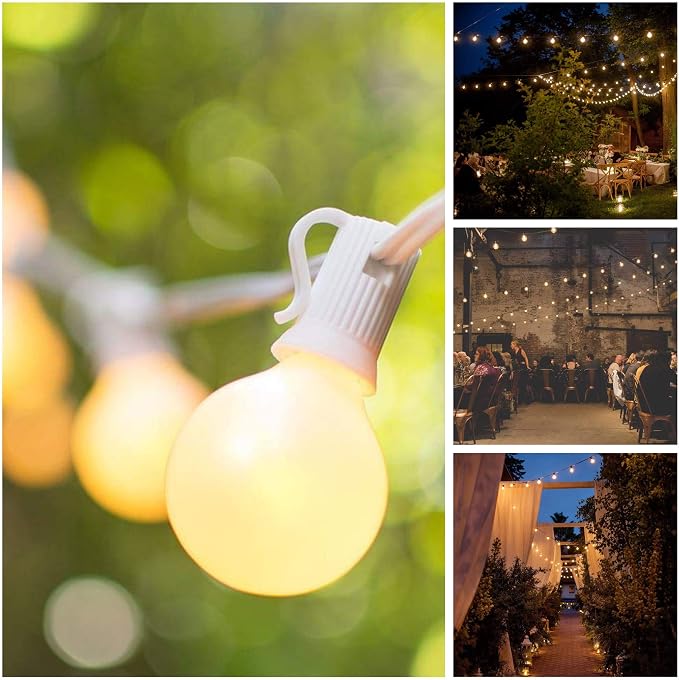 G40 White Pearl Outdoor Patio Globe String Lights (100 Foot - Green Wire) | G40 Frosted White Pearl 1.6" Bulbs