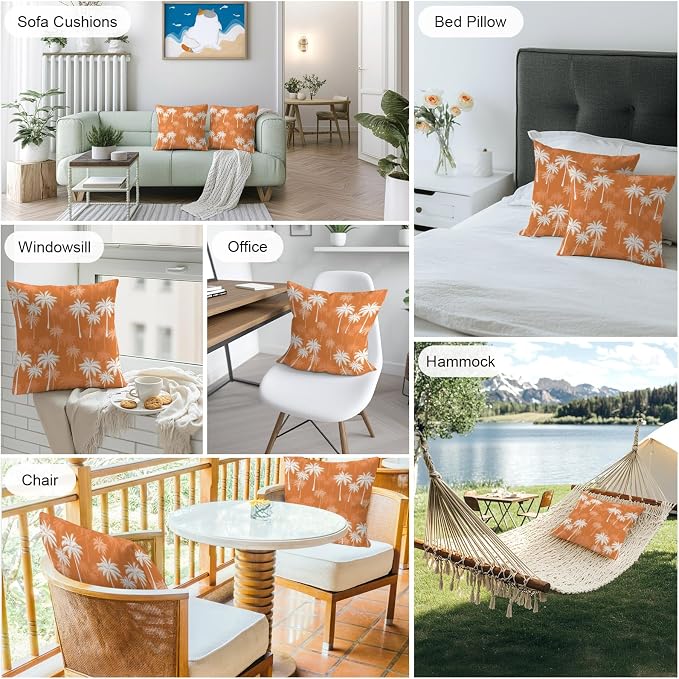 Throw Pillow Covers 26x26 Inch Set of 2, Tropical Palm Tree Waterproof Outdoor Pillow Covers, Orange White Plants Coastal Leaf Beach Decorative Cushion Pillowcases for Couch, Sofa, Bed, Garden, Patio