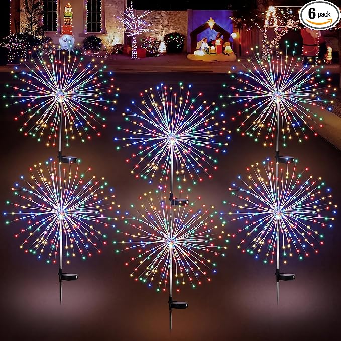 Tujoe 6 Pcs Christmas Solar Firework Stake Lights 180 LED 8 Modes Solar Waterproof LED Sparkler Lights Outdoor Decoration for Garden Patio Yard Pathway Walkway Lawn (Colorful)
