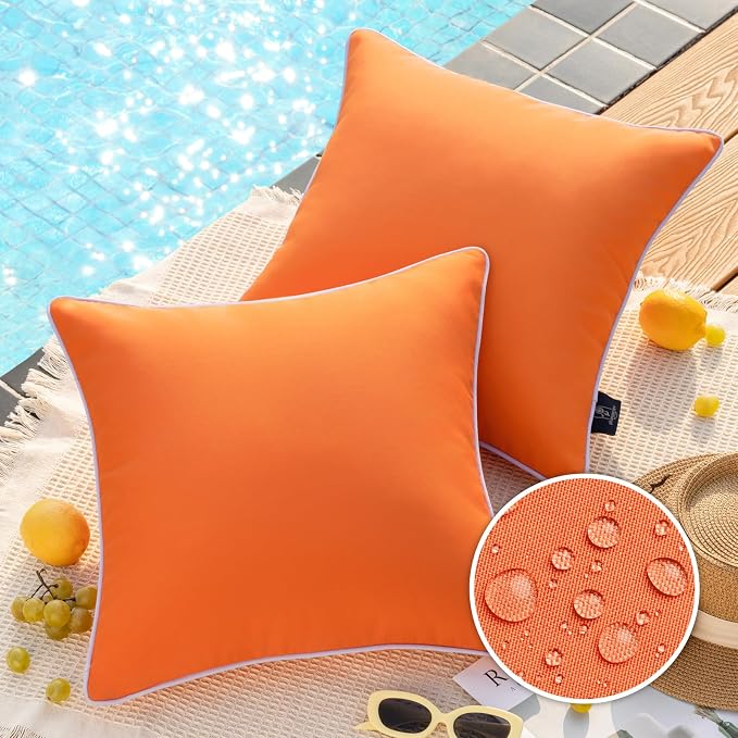 Phantoscope Pack of 2 Outdoor Waterproof Solid Throw Decorative Pillow Cover Decorative Square Outdoor Pillows Cushion Case Patio Pillows for Couch Tent, Orange 20x20 inches 50x50 cm