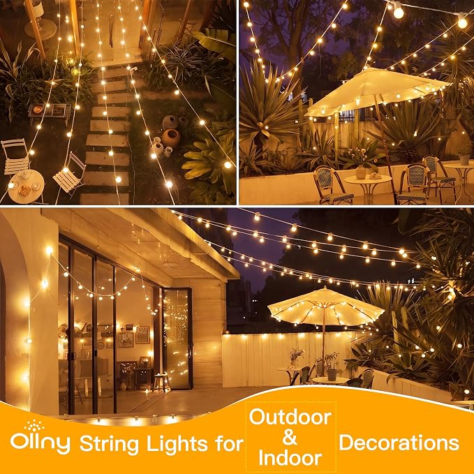 Ollny 100FT Outdoor String Lights, Waterproof Connectable Shatterproof Outside Light with 50 Edison + 3 Spare LED Bulbs Plug in, Patio Lights for Indoor Balcony Porch Camping Deck White