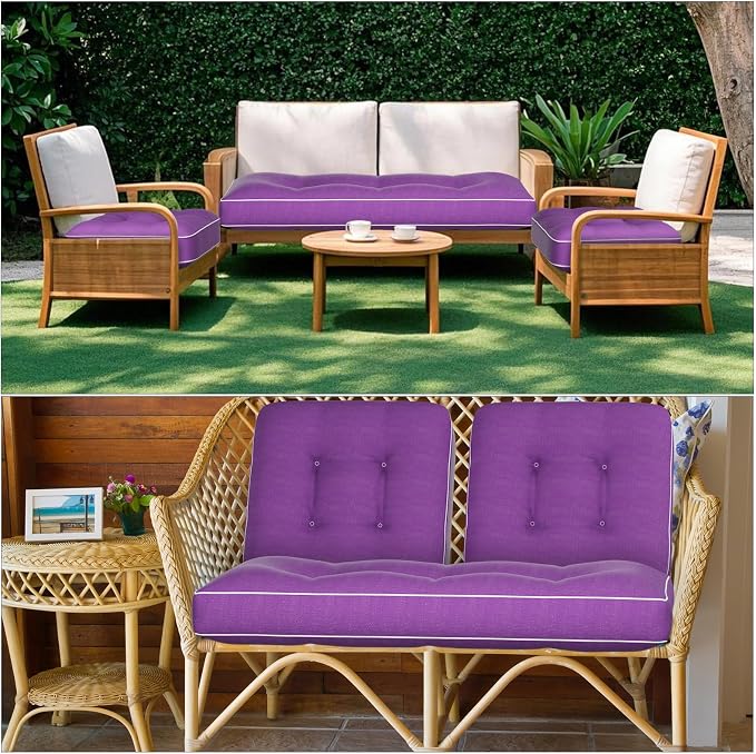 Wenqik 44 x 19 x 4 Inch Outdoor Bench Cushion Set of 3 Waterproof Tufted 1 Patio Loveseat Cushions and 2 Square Chair Seat Pad for Outdoor Furniture Couch Swing Sofa Wicker Settee(Purple)