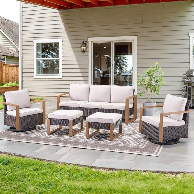 Belord 5 Piece Patio Furniture Set with Swivel Chairs, PE Wicker Patio Sofa Set Outdoor Swivel Rocker Patio Chairs with Anti-Rust Metal Wide Armrests for Deck Backyard Sunroom