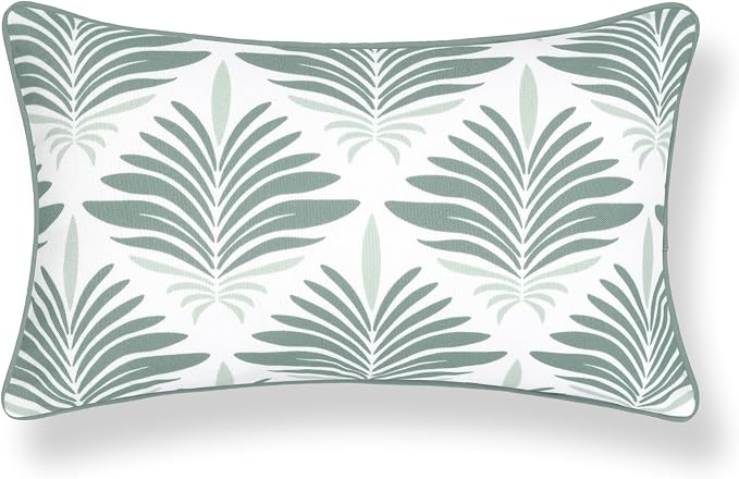 Hofdeco Premium Coastal Hampton Patio Indoor Outdoor Lumbar Pillow Cover Only, 12"x20" Water Repellent for Backyard, Couch, Poolside, Celadon Green Print Abstract Plam Leaves