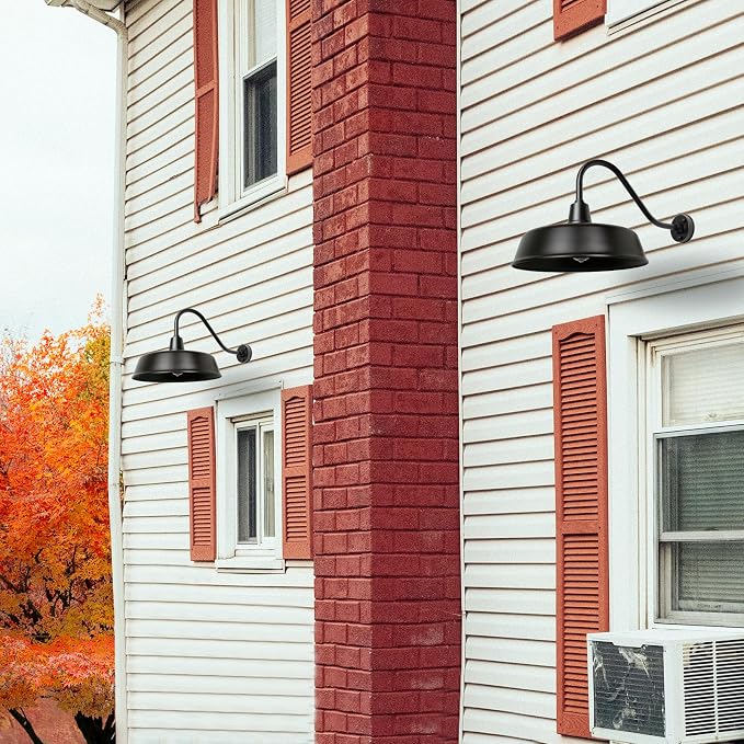 Gooseneck Barn Light, 18inch Dusk to Dawn Black Outdoor Wall Sconce | Weatherproof Steel Exterior Large Lighting Fixture, E26 Base, Easy DIY Install for Porch, Garage, Barn, Farmhouse(1 PC)