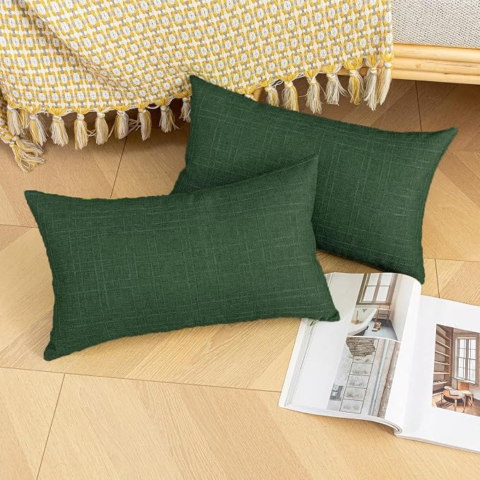 Kevin Textile Outdoor Waterproof 12”x24” Pillow Covers 2 Pack, Army Green | Water Resistant, Soft Faux Linen-cotton Yarn-dyed Woven Texture Throw Pillow Covers for Tent Patio Garden Couch Sofa
