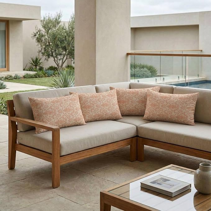 RSH DECOR: Sunbrella Lumbar Throw Pillows Set of 4 | 20" x 12" | Water and Fade-Resistant Performance Fabric | Outdoor Pillow Covers with Down-Alternative Inserts | Made in USA (Rialto Papaya)