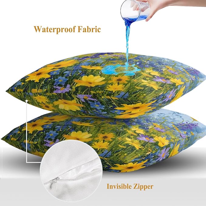Outdoor Waterproof Pillow Covers for Patio Rustic Landscape Decorative Throw Pillow Cover Spring Wildflower Floral Yellow Blue Purple Pillowcases Set of 2 Cushion Case for Sofa Couch Chair 16x16 Inch