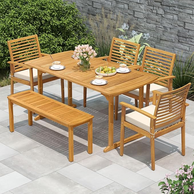 HAPPYGRILL 6 Pieces Acacia Wood Outdoor Dining Set for 6 People, Patio Table & 4 Chairs & 1 Bench Set with Umbrella Hole, Outside Picnic Furniture