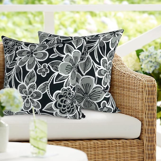DYTXIII Pack of 2 Outdoor Waterproof Pillow Covers ONLY, 18"x18" Square Decorative Double Printed Throw Pillow Cases for Patio Couch Porch Furniture, Flower Black