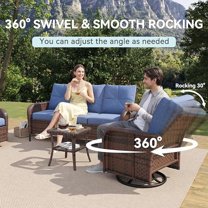 LazySunsets 7 Piece Outdoor Patio Furniture Set with 44'' Fire Pit Table, Wicker Rattan Outdoor Furniture with High Back Swivel Rocker Chairs, Outdoor Sofa Set with Thick Cushions, Navy Blue
