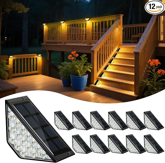 BKBB PPBB Solar Step Lights for Outside, Solar Stair Lights Outdoor Waterproof, Deck Step Lights for Fence, Patio, Yard, Porch, Front Door, Sidewalk, Garden, Patio Decor (12, Warm White)