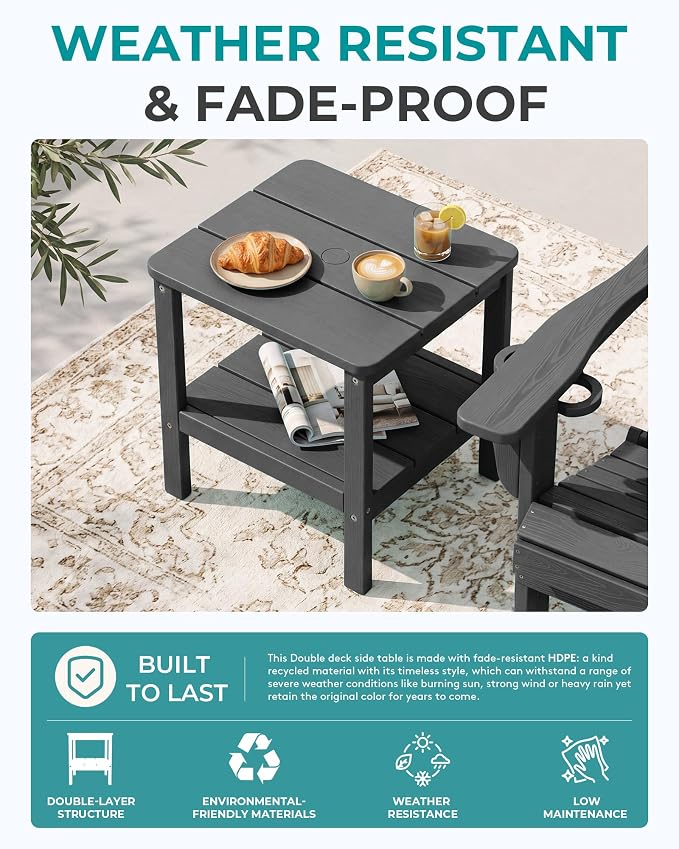 SERWALL 2-Tier HDPE Outdoor Side Table with Umbrella Hole, Weatherproof Rectangular Adirondack Side Table, Gray