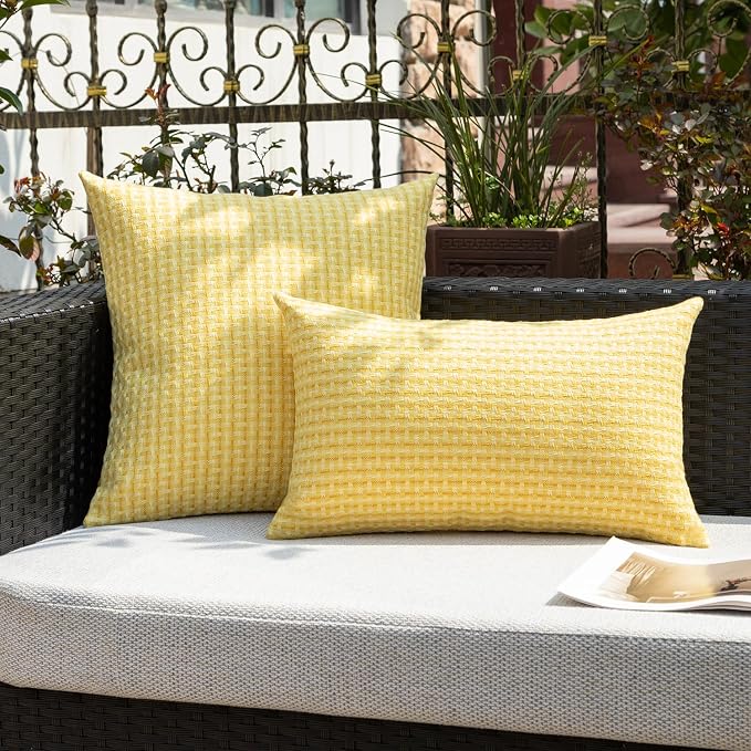 Kevin Textile Outdoor Waterproof 24"x24" Pillow Covers 2 Pack, Yellow | Water Resistant Weaving Faux Linen Texture Throw Pillow Covers, Outside Decorative Pillowcases for Garden Patio Balcony Couch