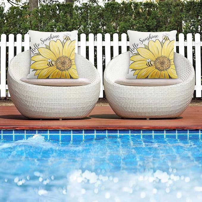 Outdoor Throw Pillow Covers, Bee Sunflower, 18 x 18 inch, Set of 2 | Waterproof 18 x 18 inch square cushion case pillowcase farmhouse garden decorative pillows for couch beach patio